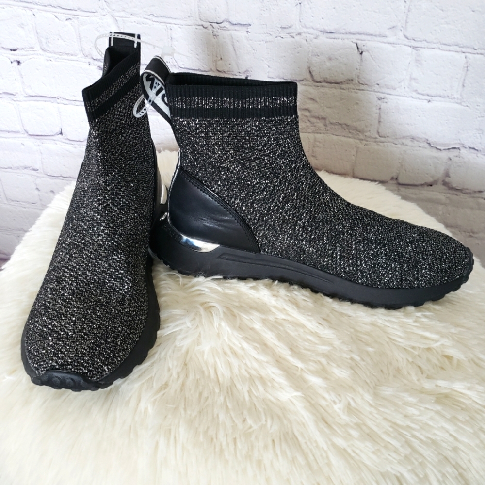 MICHAEL KORS Bodie Black and Silver Metallic Knit Sneaker Bootie--NEW--7 - Picture 2 of 16
